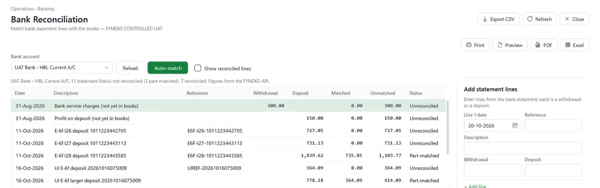 FYNEXO Bank Reconciliation screen with bank statement lines, matched and unmatched amounts and an Auto-match button