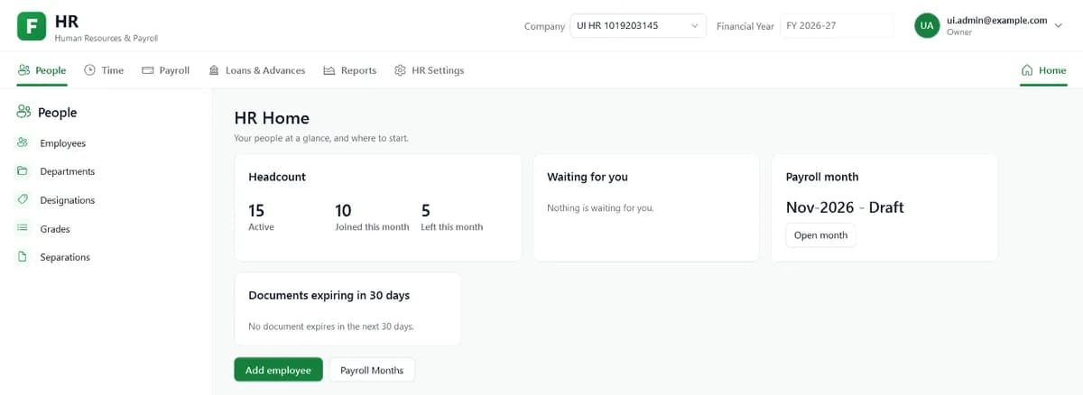 FYNEXO HR home with headcount, items waiting for the user and the current payroll month