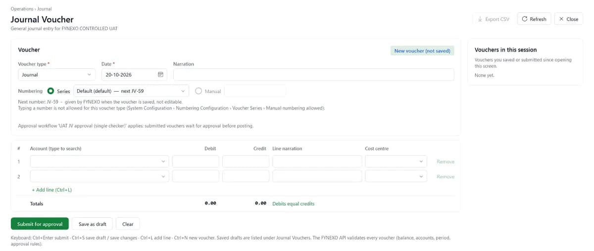 FYNEXO Journal Voucher screen stating that an approval workflow applies, with Submit for approval and Save as draft buttons