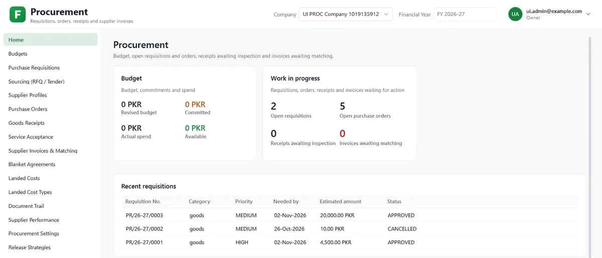 FYNEXO Procurement home with open requisitions and purchase orders and a list of recent purchase requisitions
