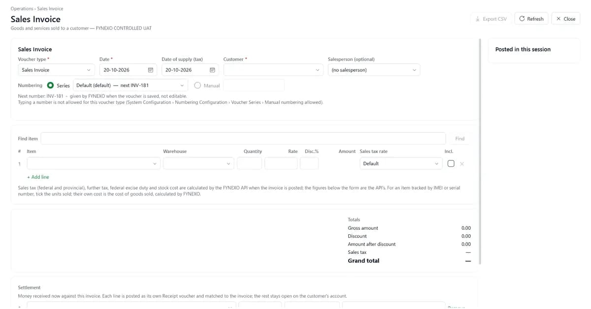 FYNEXO Sales Invoice entry screen with customer, salesperson, numbering series, item lines and a sales tax rate column